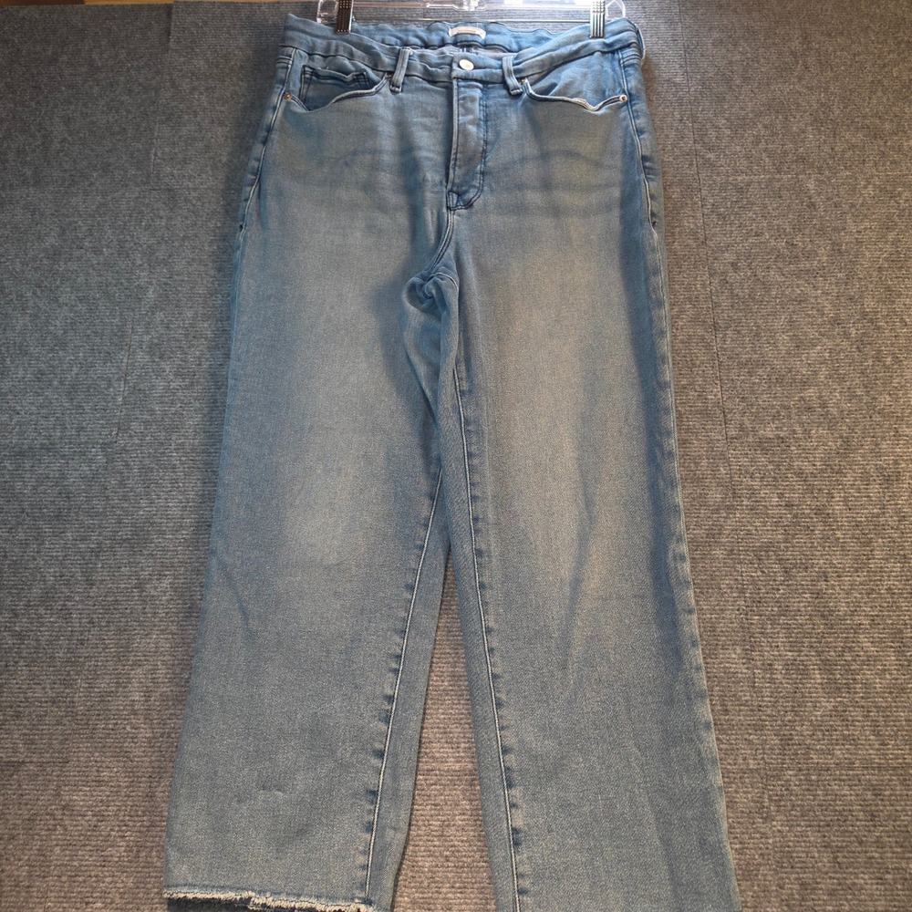 Good American Good Petite Straight Jeans Women 16 Light Blue Good Distressed Hem